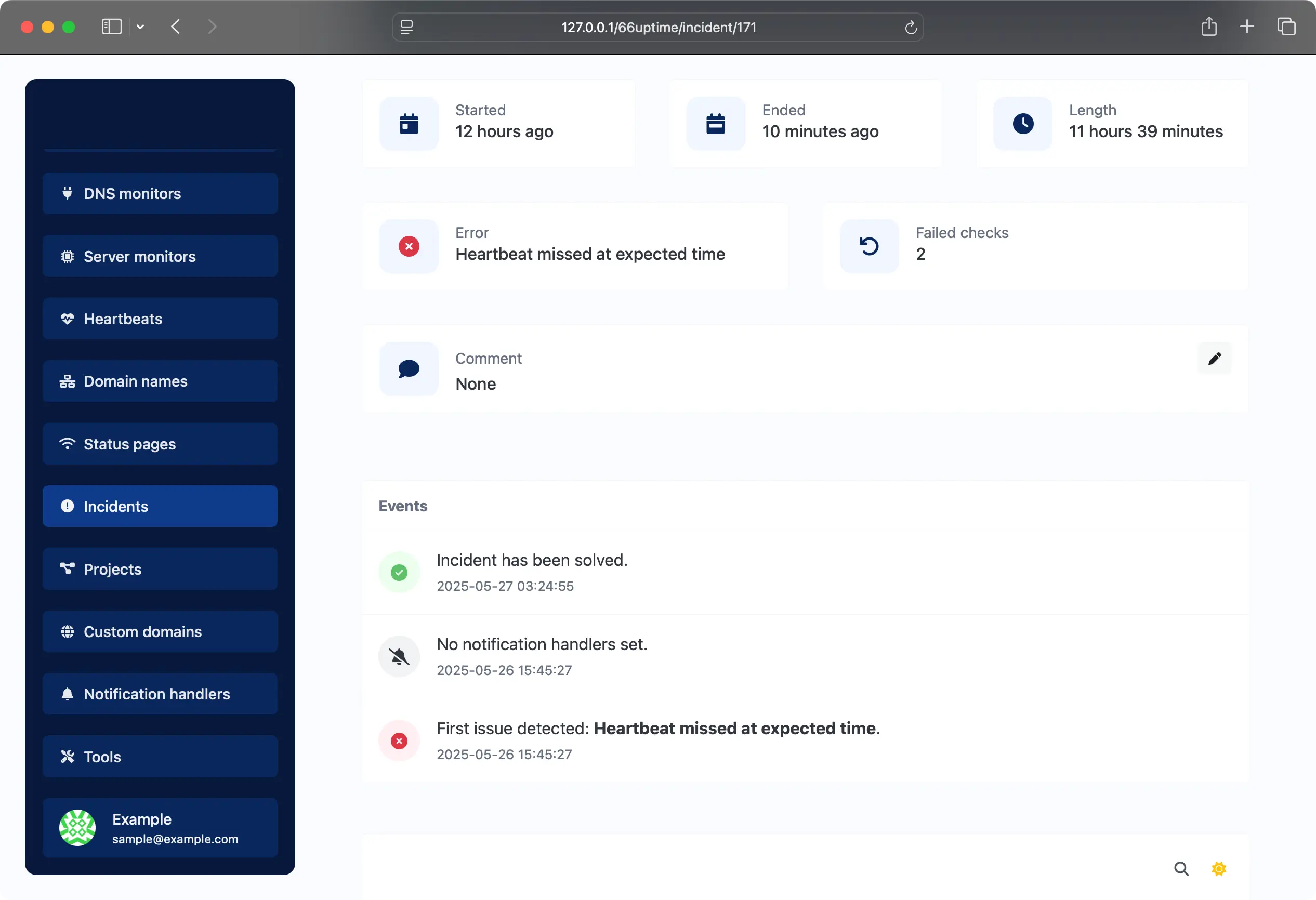 Screenshot of the app monitors incidents page